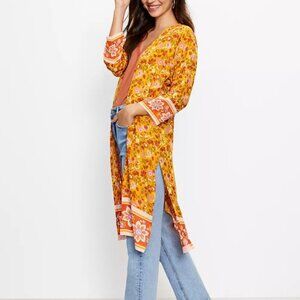 NWT LOFT Womens XS / S Kimono Garden Duster Cover Up Floral Open Front Mustard